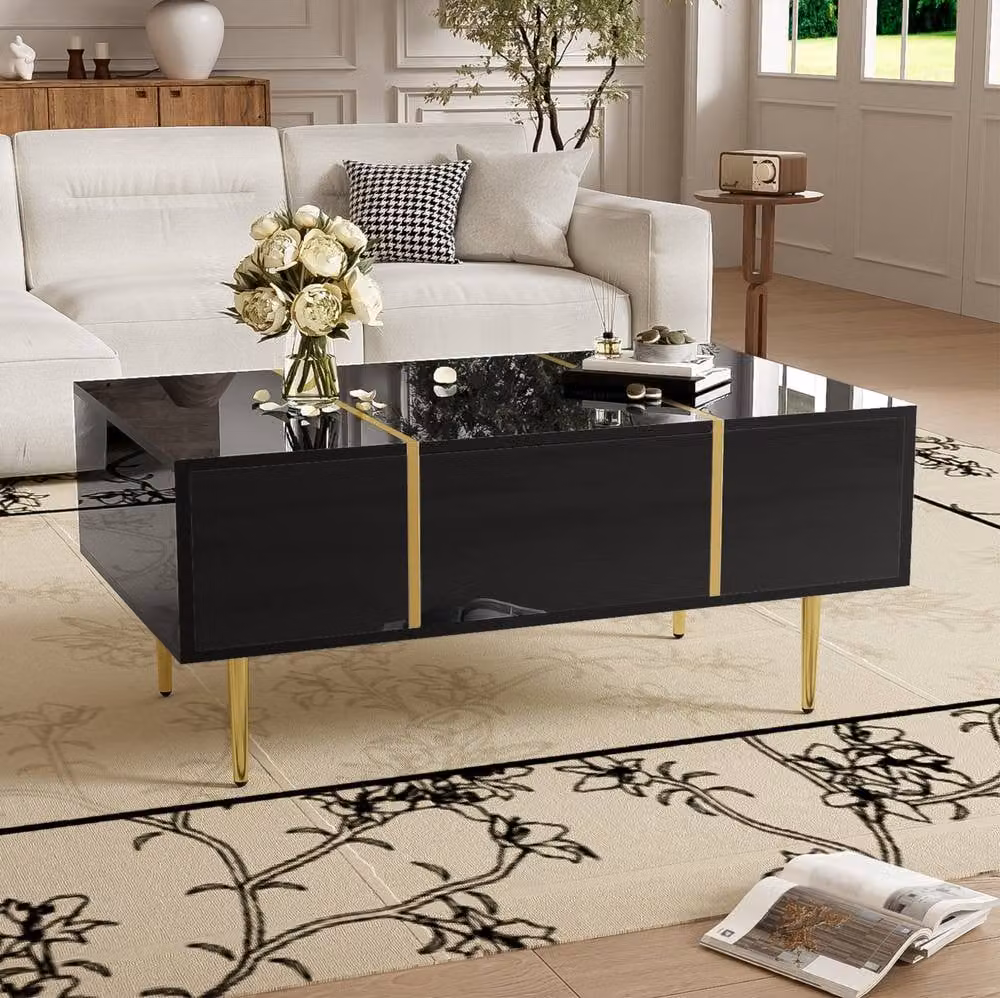 STILVORA Modern Black High-Gloss Coffee Table with 2 Drawers and Drop Leaf Design, W: 60 cm, D: 60 cm, H: 41.5 cm – 1