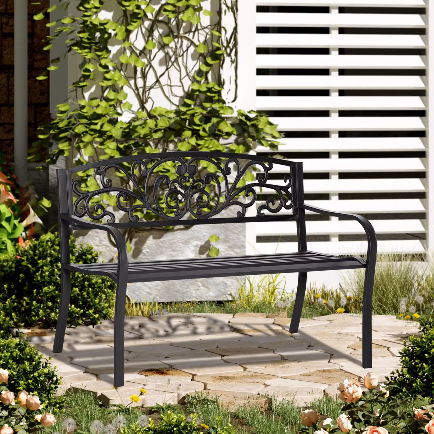 Outsunny 2 Seater Black Metal Garden Park Bench with Armrests – 2