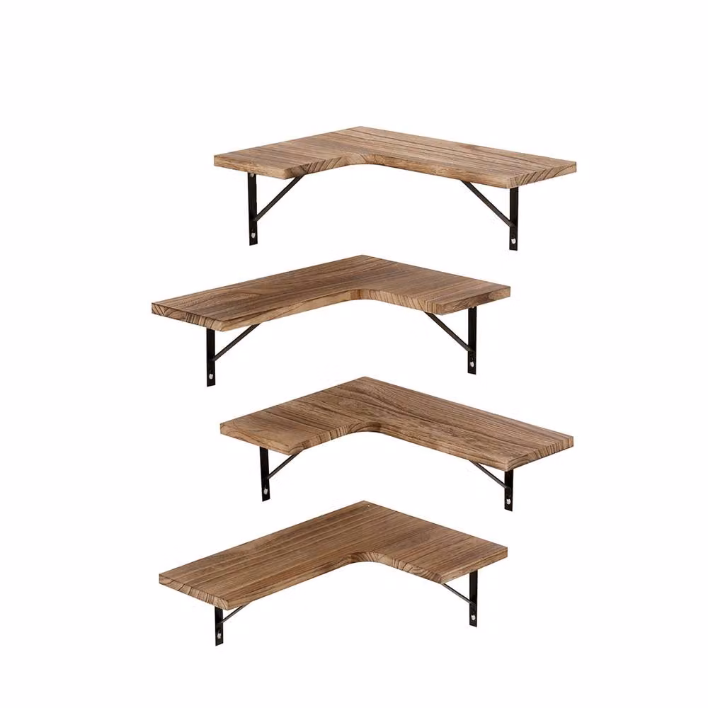 Levede 4-Piece L-Shaped Corner Floating Wooden Wall Shelves in Natural Brown – 3
