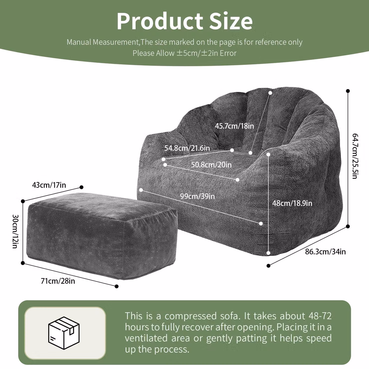 Aosom Grey Oversized Ergonomic Bean Bag Chair with Full-Body Segmented Support, W: 99 cm, D: 86.5 cm, H: 64.5 cm – 2