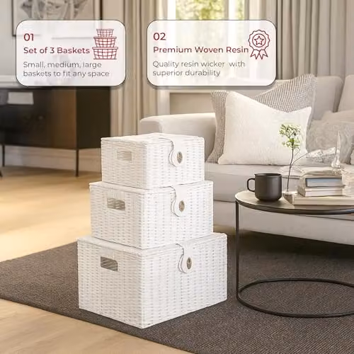 INNOTECK 3-Piece White Wicker Storage Basket Set with Lids and Handles – 2
