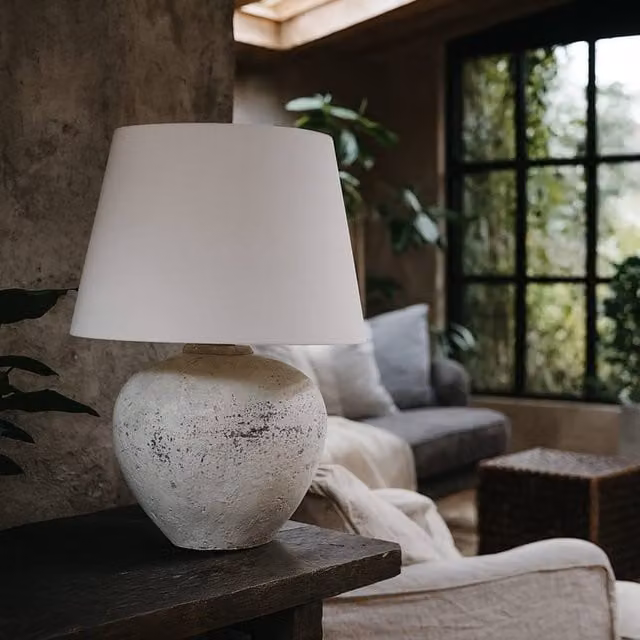 Wyld Haus Venice Large Ceramic Table Lamp in Aged Grey Stone with Speckled Finish