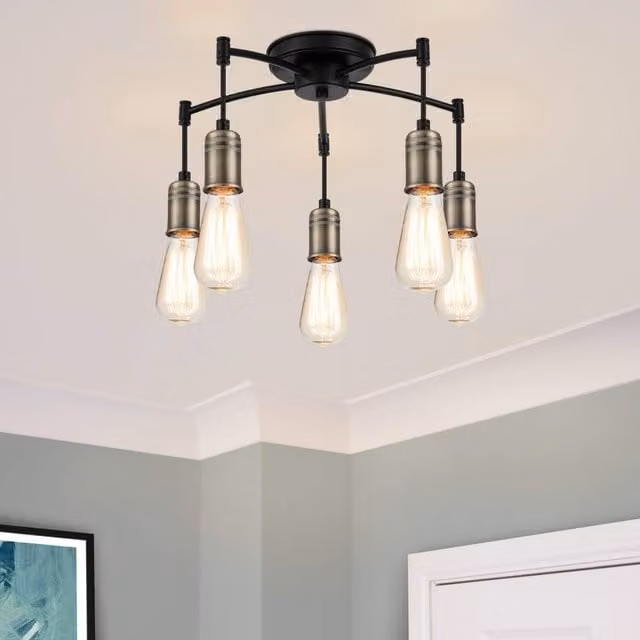 COSYLYTE Linton 5 Light Modern Industrial Ceiling Light in Antique Brass and Black Metal