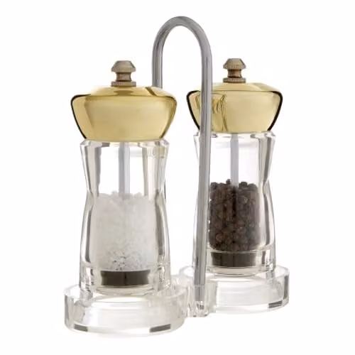 Orsina Gold and Transparent Acrylic Salt and Pepper Mill Set with Stand and Ceramic Mechanisms – 1