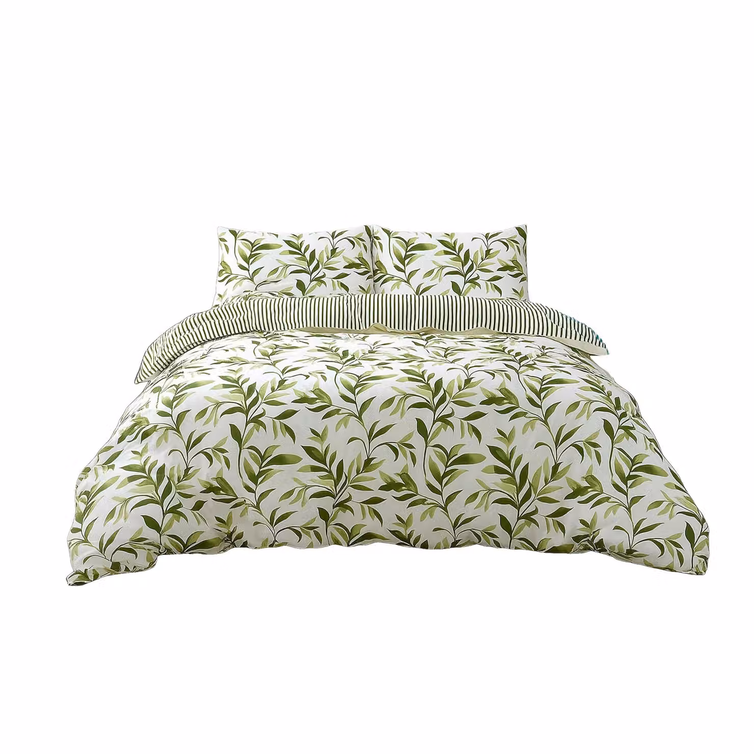 Home Sweet Home UK Reversible Green Leaf and Striped Polycotton Duvet Cover and Pillowcase Set, W/D/H: 135 x 200 cm – 2