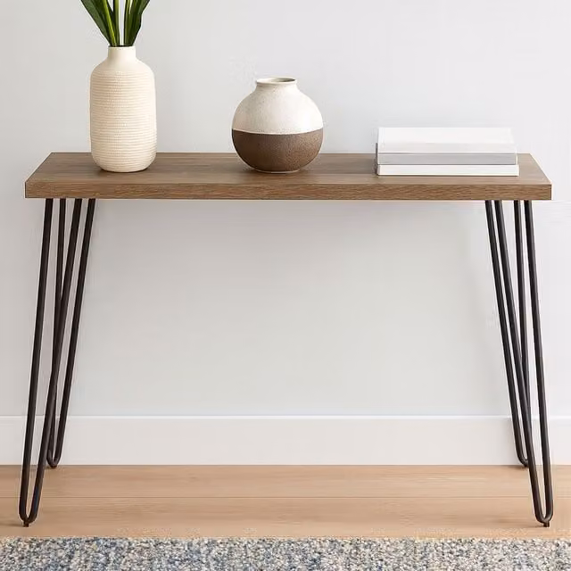 Orsina Borough Console Table in Natural Wood with Black Hairpin Legs, W/D/H: 120 x 40 x 75 cm – 1