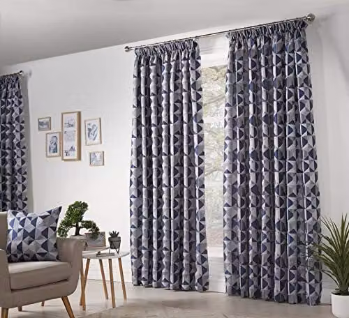 Alan Symonds Skandi Geometric Jacquard Fully Lined Pencil Pleat Curtains in Navy Blue, Width: 117 cm, Drop: 228.6 cm