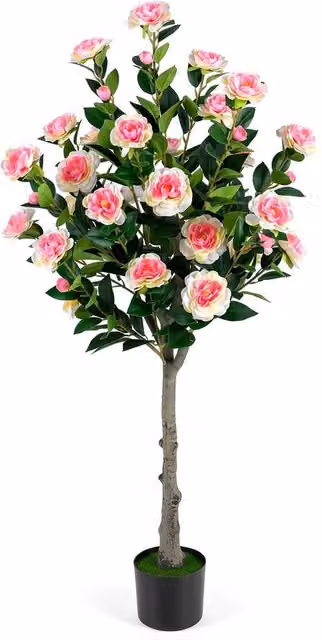 Costway Artificial Camellia Tree Faux Greenery Plant in Green and Pink