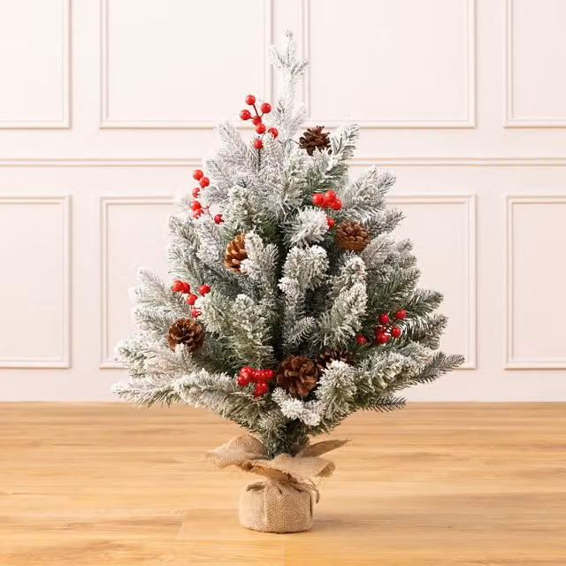 Christow Mini Artificial Frosted Christmas Tree with Pine Cones and Berries in Green and Beige