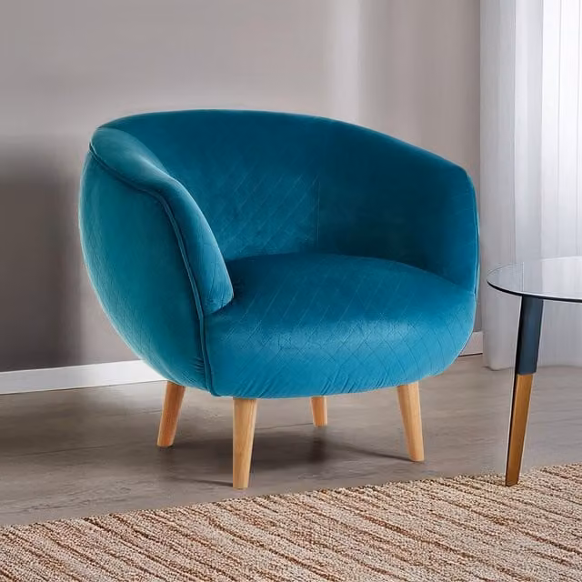 Fifty Five South Modern Petrol Blue Velvet Tub Lounge Chair with Armrests and Pine Wood Legs