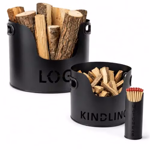 Almineez 3-Piece Black Metal Fireside Storage Set with Log Holder, Kindling Bucket and Matchstick Holder