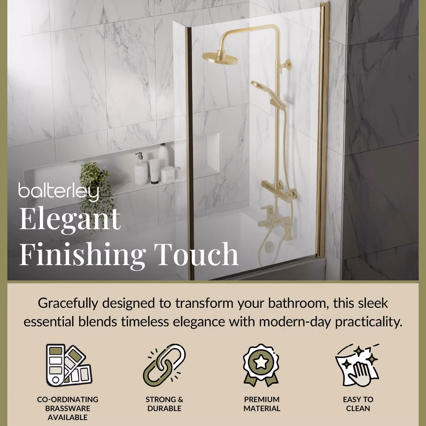 Balterley Hinged Corner Bath Screen with Fixed Return, 6mm Toughened Safety Glass, Brushed Brass, W: 143 cm, D: 78 cm – 2