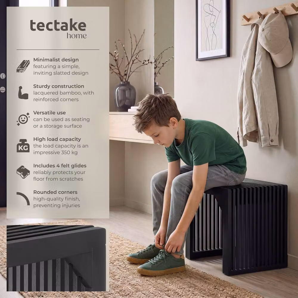 TECTAKE Ribb Stool/Bench in Black with Slatted Bamboo and Metal Design – 2