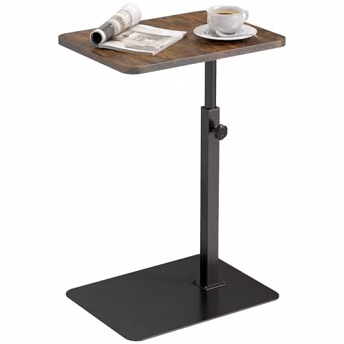 HOMCOM C Shaped Side Table with Adjustable Height and Metal Base in Brown and Black, W/D/H: 40 x 30 x 79 cm