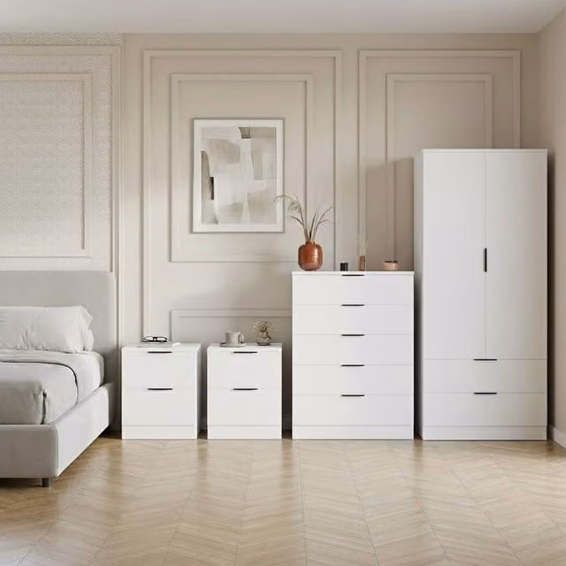 Vida Designs Trega 4-Piece White Bedroom Set Including Wardrobe, 5-Drawer Chest and 2 Bedside Tables – 1