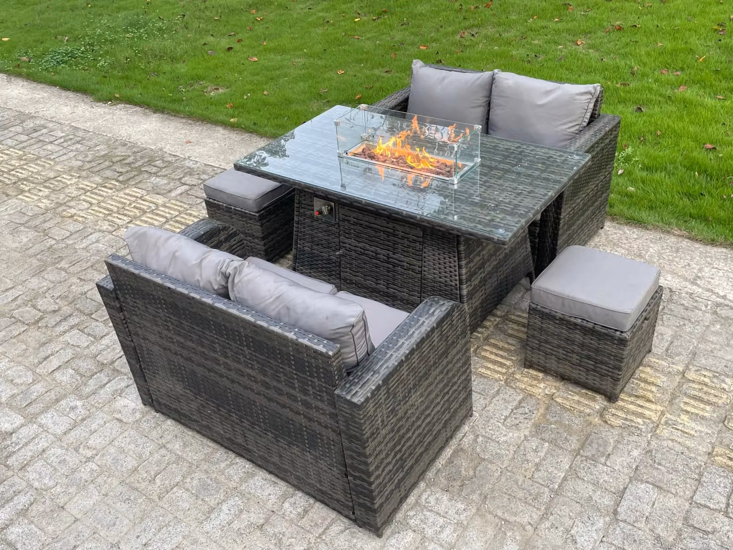 Fimous 6 Seater Rattan Outdoor Garden Furniture Set in Dark Grey with Gas Fire Pit Dining Table, Love Sofa and 2 Footstools – 2