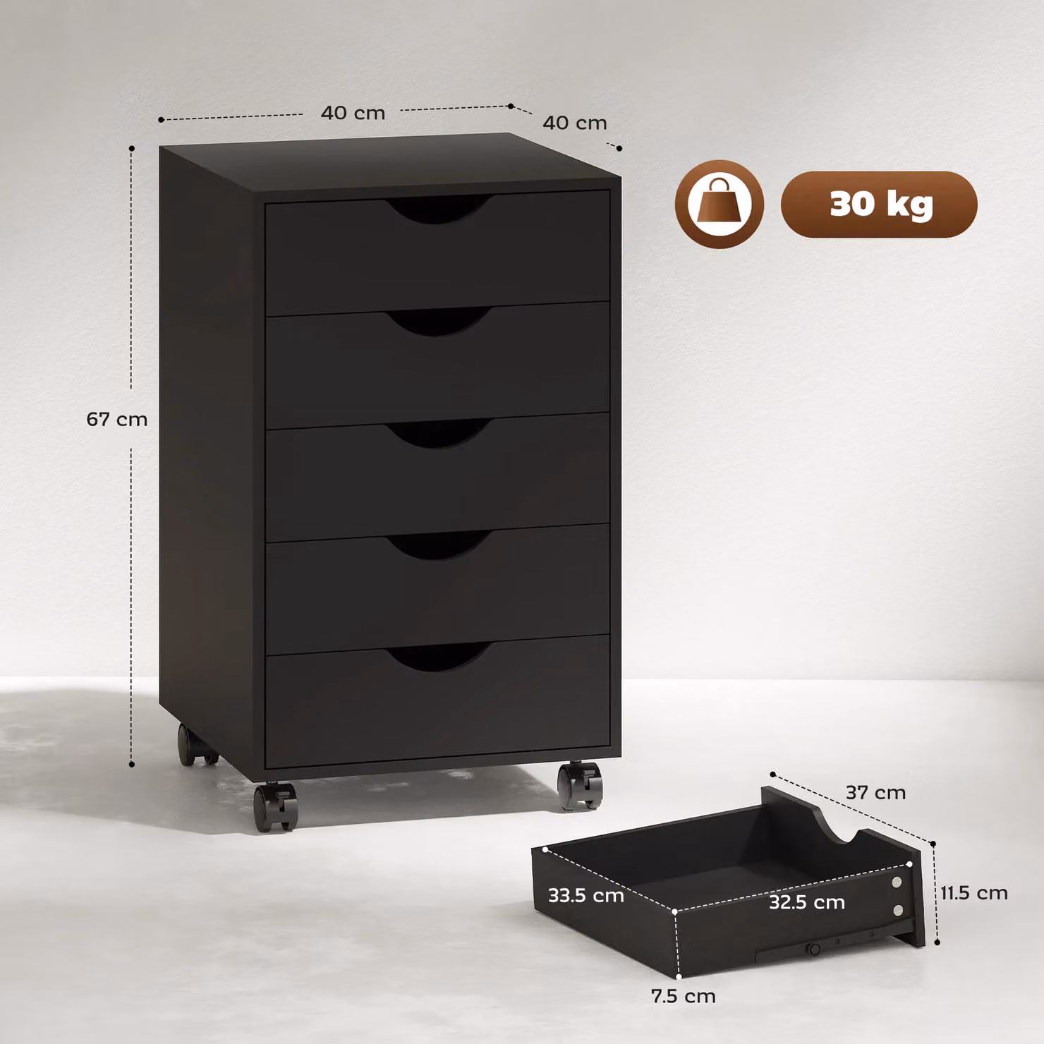 HOMCOM Modern 5 Drawer Mobile Filing Cabinet with Lock and Castors in Black – 8