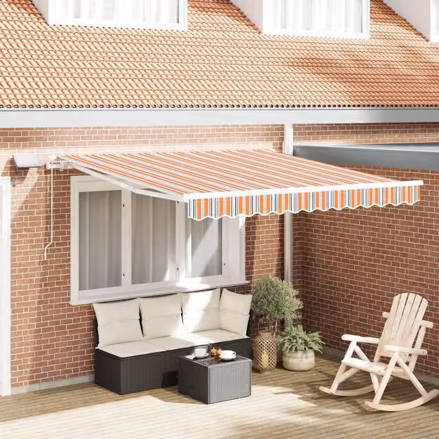 Berkfield Home Manual Retractable Striped Awning with Multicolour LED Lighting, W: 350 cm, D: 250 cm