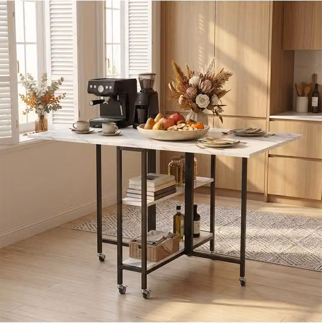 Living and Home Modern Rectangular Folding Dining Table with Castors and Storage Shelves in White and Black – 1