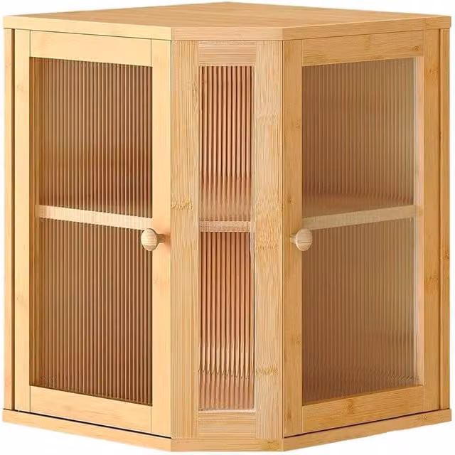 Ventryn 2-Tier Bamboo Kitchen Corner Bread Bin with Double Doors in Beige, W/D/H: 38.0 x 30.0 x 30.0 cm