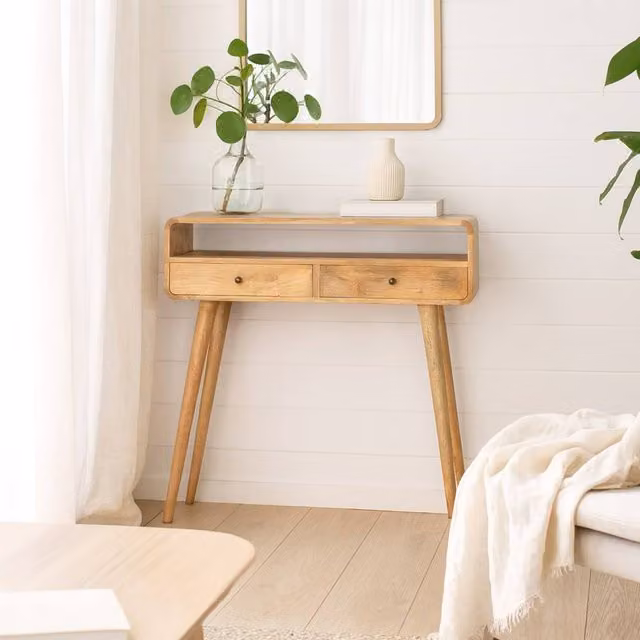 Wyld Haus Urbino Curved Mango Wood Console Table with 2 Drawers and Open Shelf, Brown, W/D/H: 90.0 x 35.0 x 76.7 cm – 1