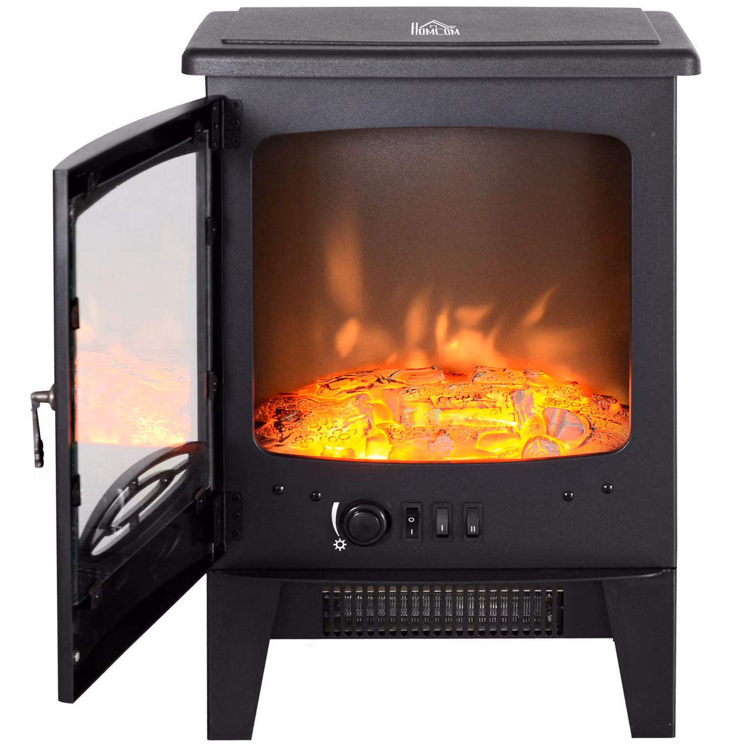 HOMCOM Electric Freestanding Fireplace Heater with Artificial Flame Effect and Safety Thermostat, Black Tempered Glass – 6