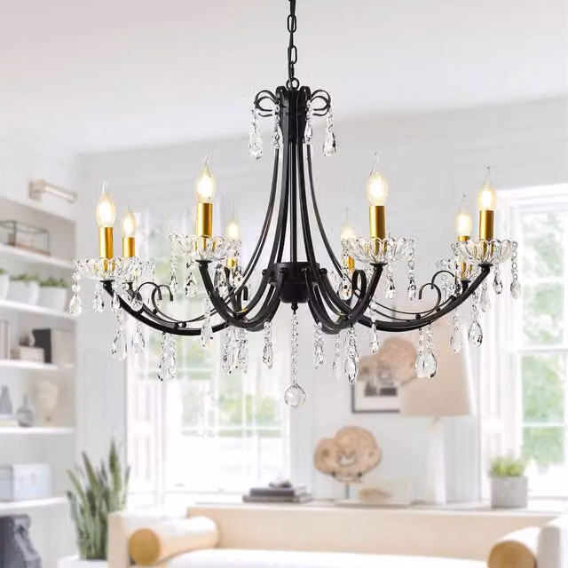 NIVOR 8-Light Vintage K9 Crystal Pendant Chandelier in Black and Gold/Brass with Adjustable Height