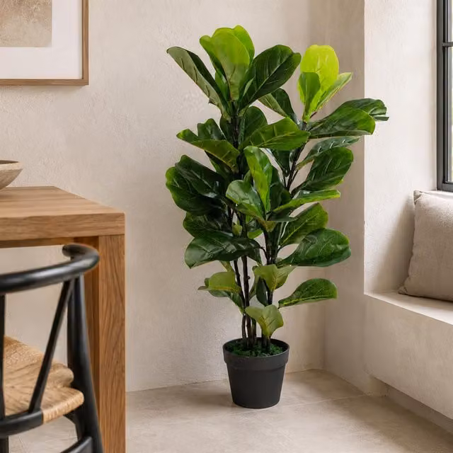 Leaf Design UK Realistic Artificial Fiddle Fig Tree, Green, Height: 90 cm