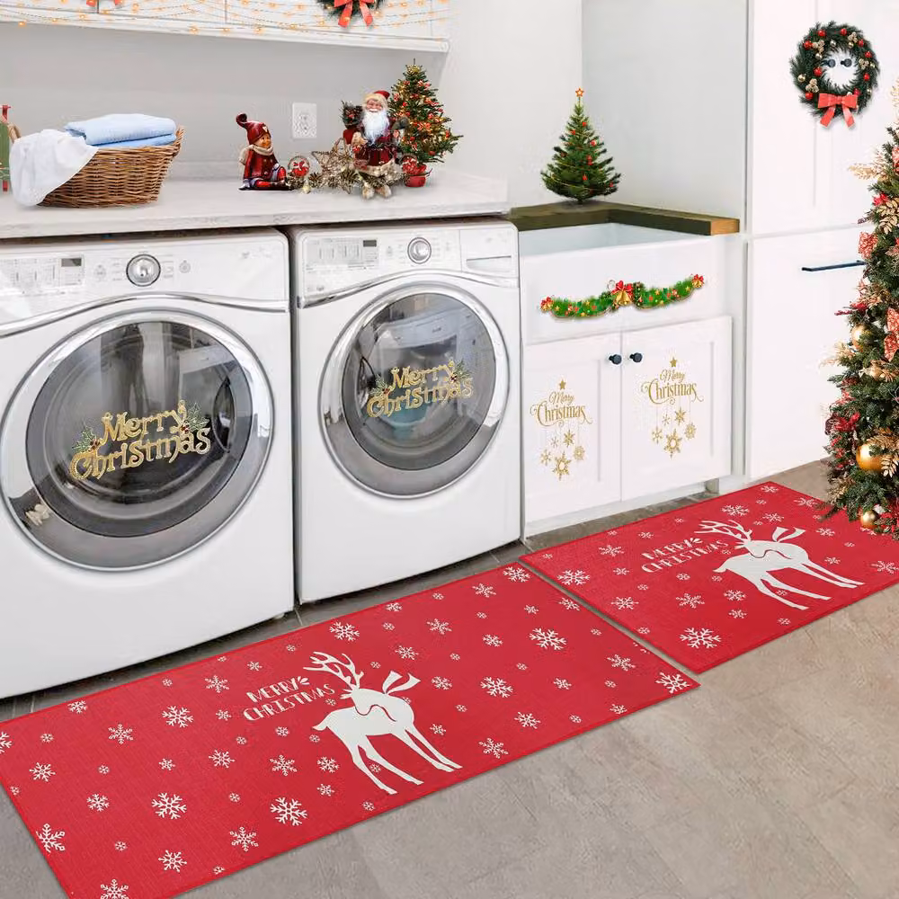 London Boutique 2-Piece Merry Christmas Washable Kitchen Rug Set in Red, W/D: 40 x 120 cm – 2