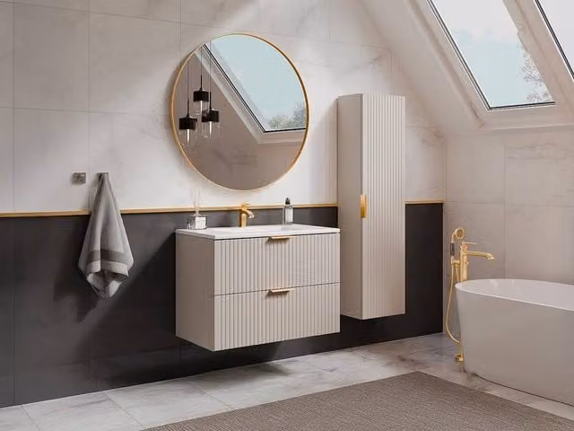Vente-unique Striped Wall-Mounted Bathroom Vanity Unit with Inset Basin and Tall Cabinet in Beige – 1