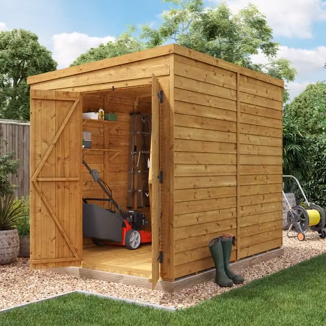BillyOh Switch Overlap Pent Wooden Shed in Brown with Double Doors and Floor