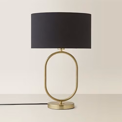 ValueLights Antonia Oval Table Lamp with Black Fabric Drum Shade and Brushed Gold Base – 1