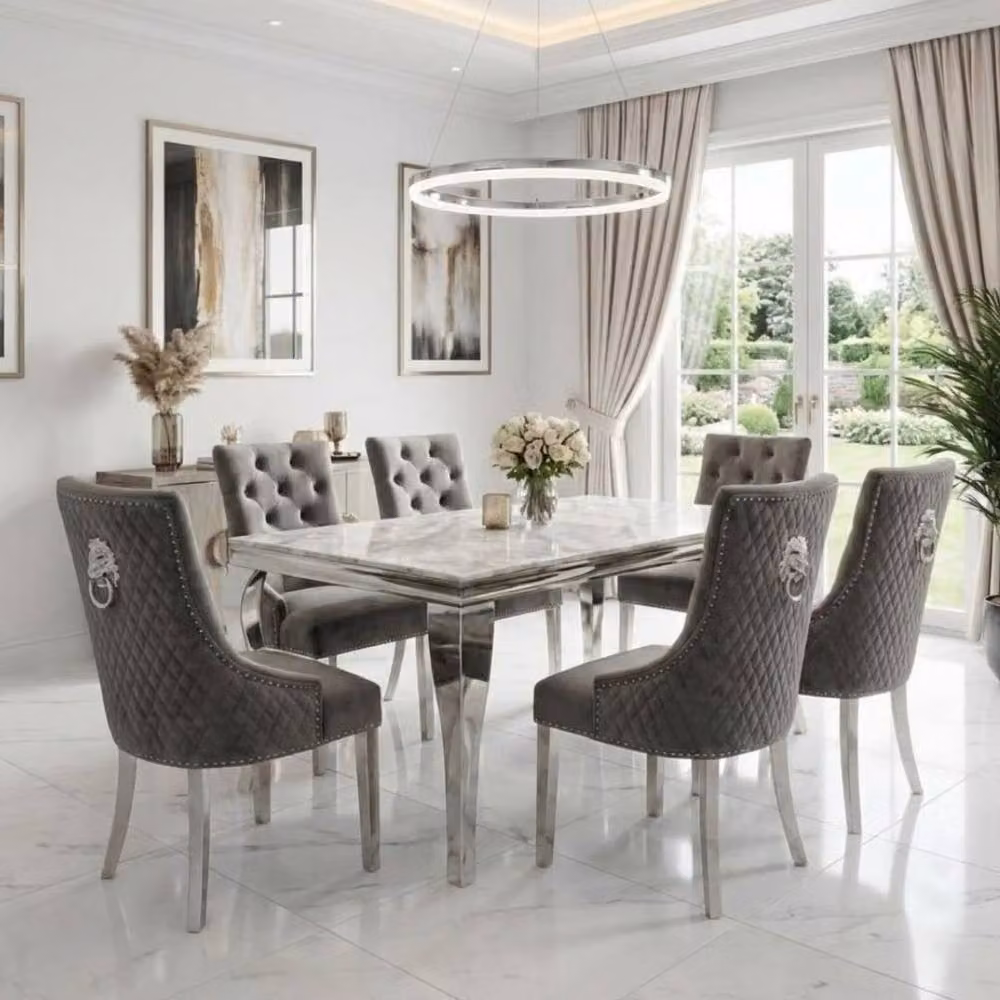 Home Luxe Interior Sofia Dining Set with Cream Gold Marble Table and 6 Grey Lion Back Velvet Chairs, Width: 160 cm – 2