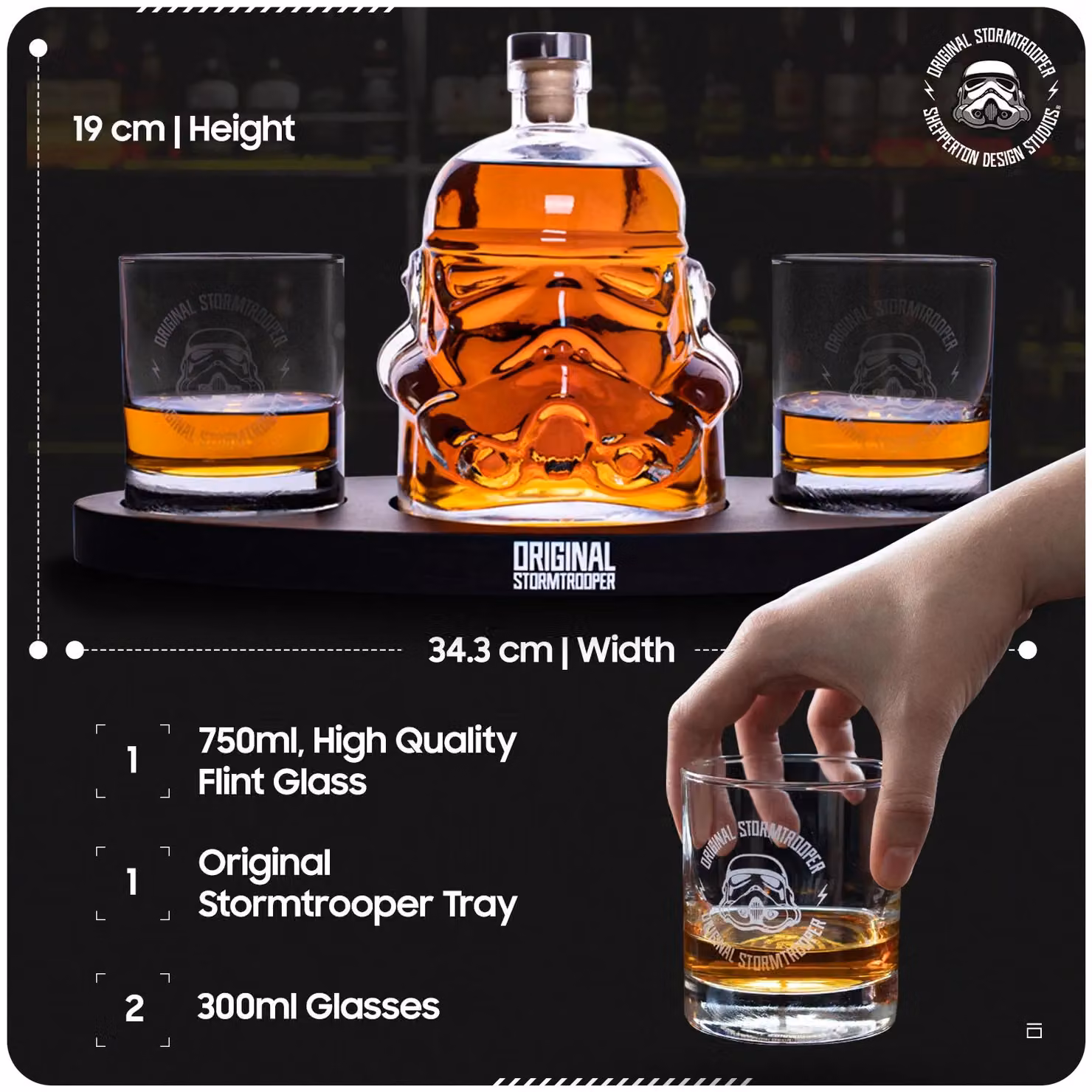 Thumbs Up Original Stormtrooper 3D Helmet Decanter Set with 2 Glasses, Clear and Black, 750ml Decanter and 2 x 300ml Glasses – 6