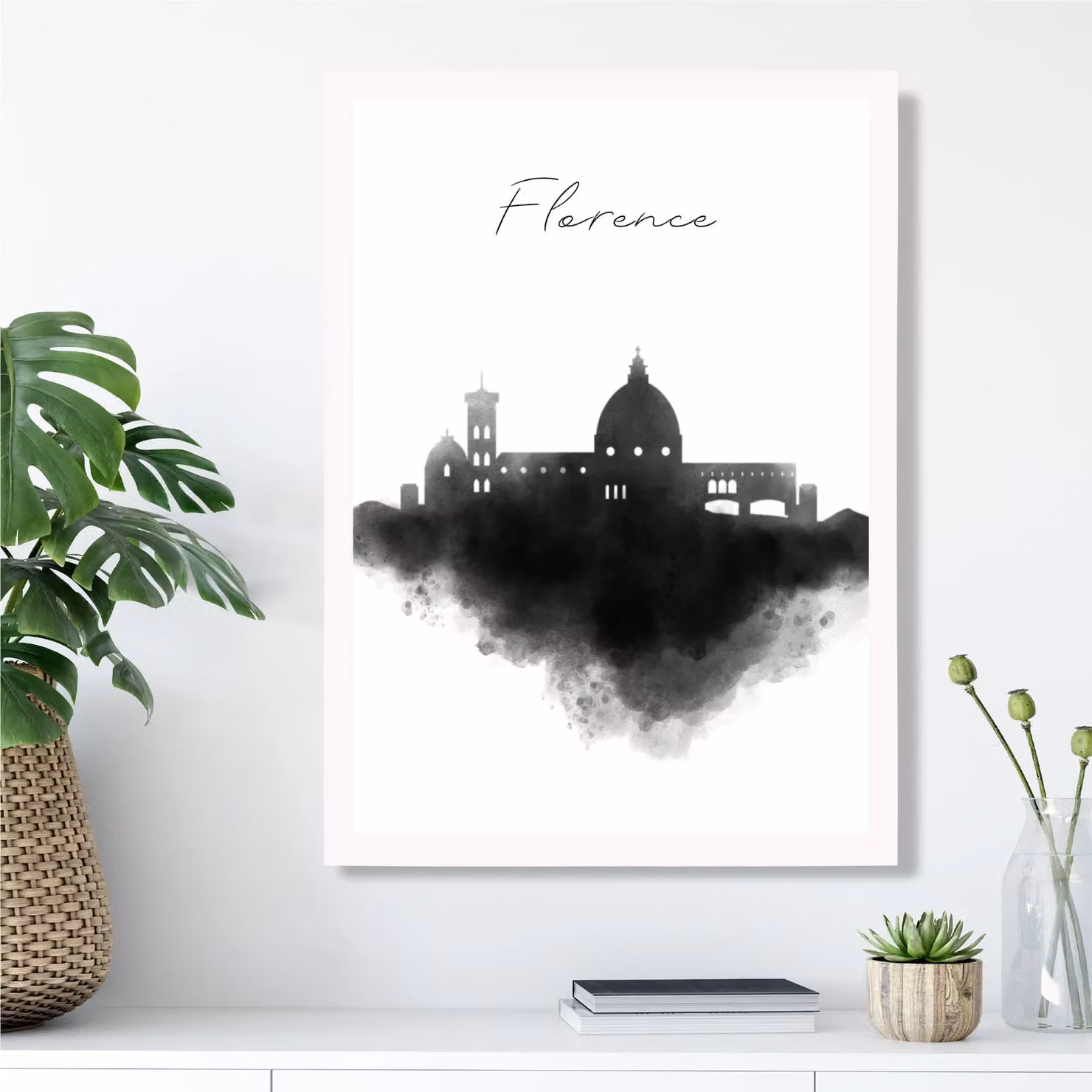 ARTZE Florence Watercolour Skyline City Framed Print, Black and White A2 Paper Poster with White Frame – 2