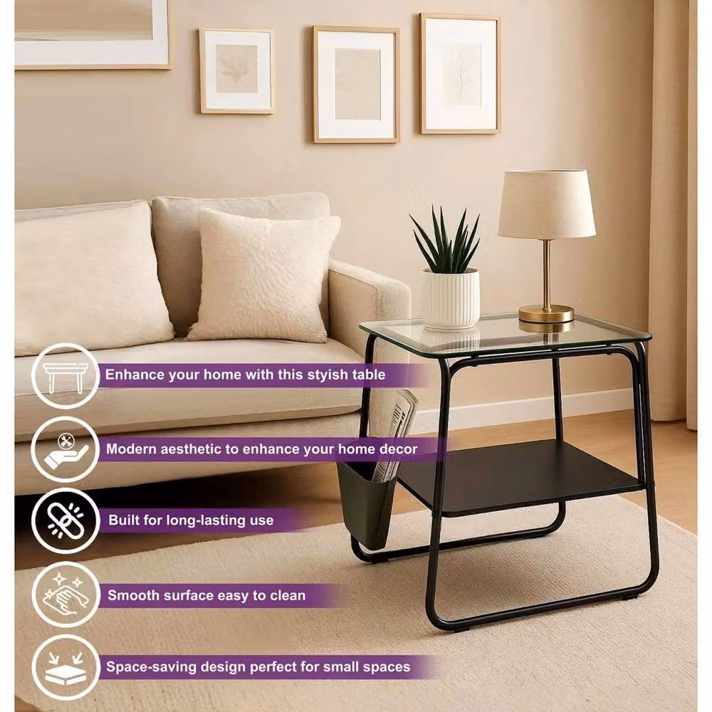 KORVIXA Black 2 Tier Glass and Metal Sofa Side Table – 3