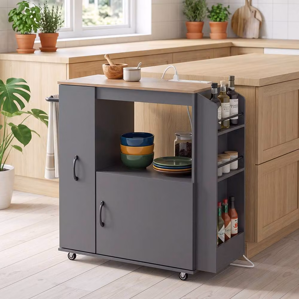 HOMCOM Modern Grey Rolling Kitchen Trolley with Power Outlet – 2