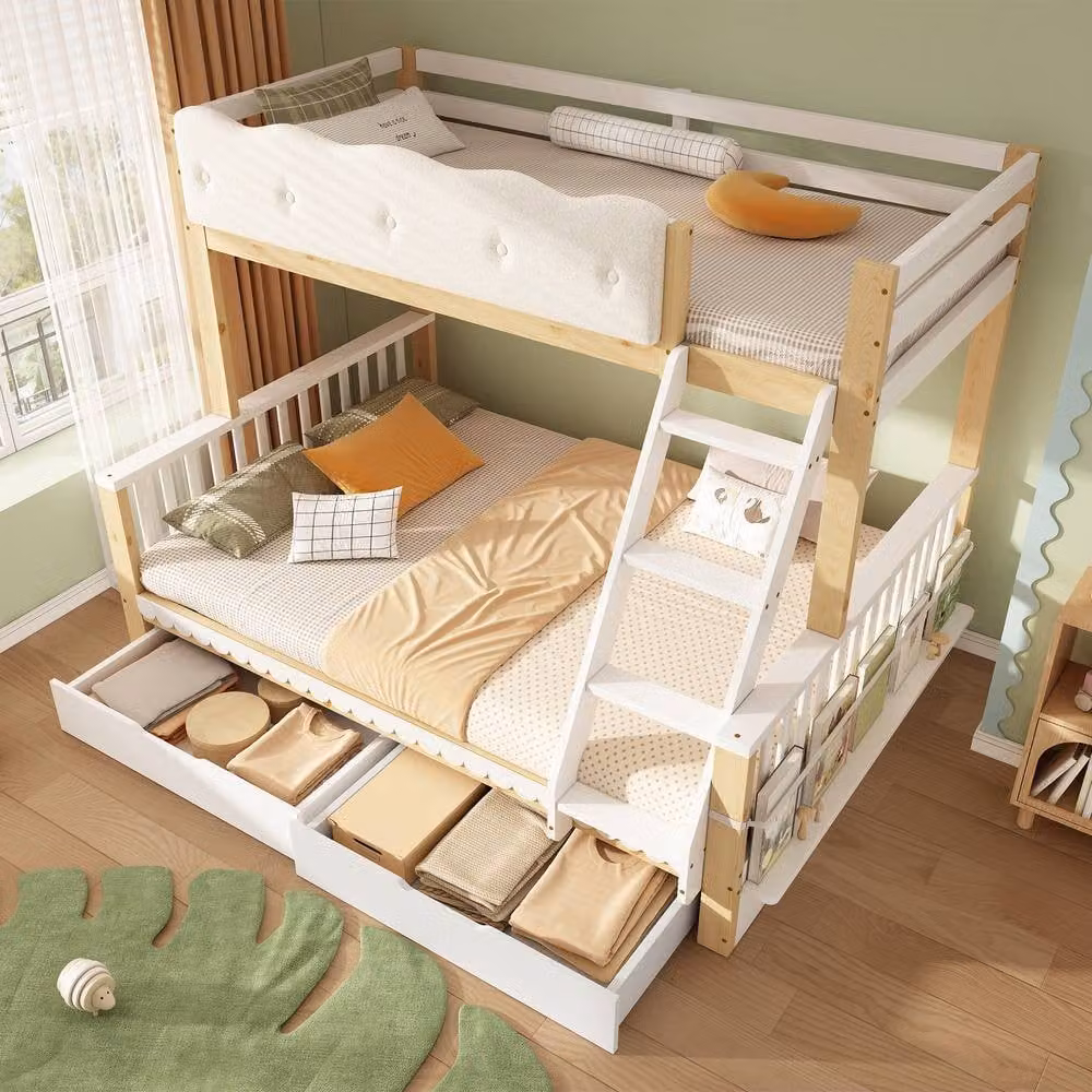 Rolipo Kids Single Over Double Bunk Bed with Storage Drawers in White Solid Pine Wood – 3