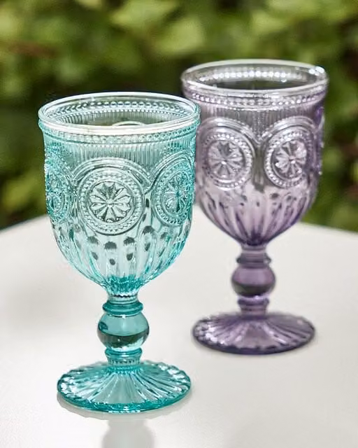 Dibor Set of 4 Vintage Embossed Wine Goblets in Purple and Turquoise, 290ml per glass