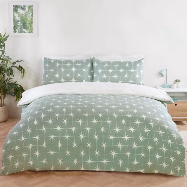 Rapport Home Northern Stars Microfibre Reversible Duvet Set with Pillowcase and Fitted Sheet, Green, Single (Duvet Cover: 90 x 200 cm)