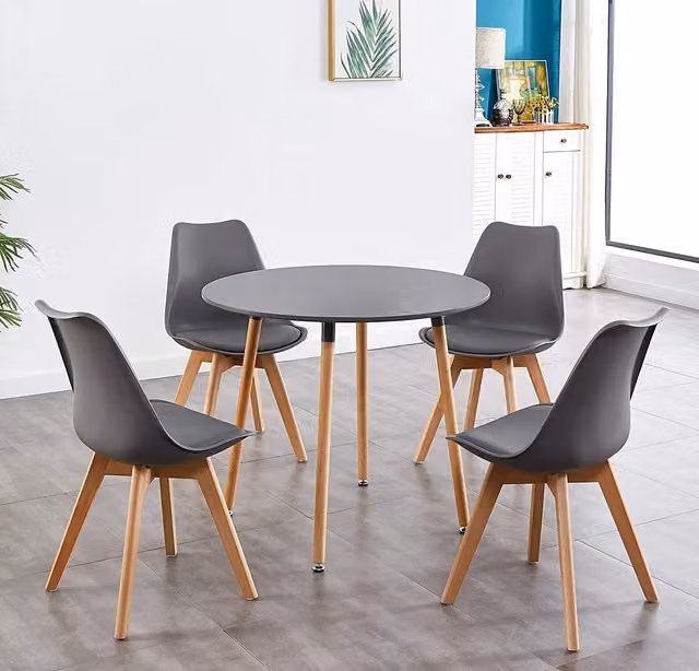 Kosy Koala Round Wooden Dining Table Set with 4 Grey Padded Chairs