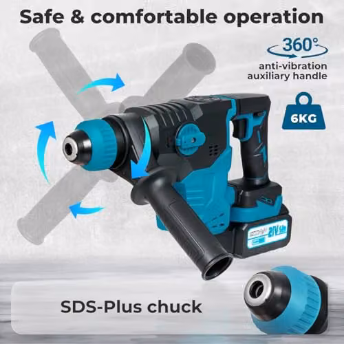 Traderight 21V Brushless Cordless SDS-Plus Rotary Hammer Drill in Blue and Black – 11