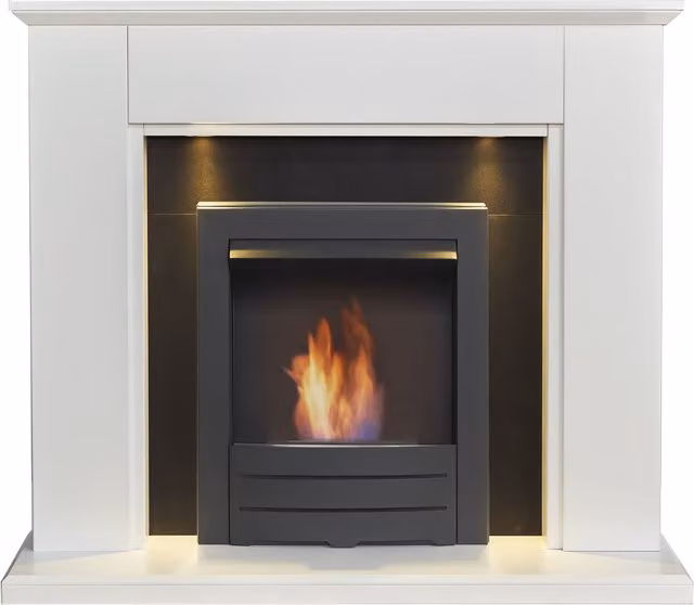 Adam Fires & Fireplaces Eltham Fireplace in Pure White and Black with Downlights and Colorado Bio Ethanol in Black, 45 Inch, Grey