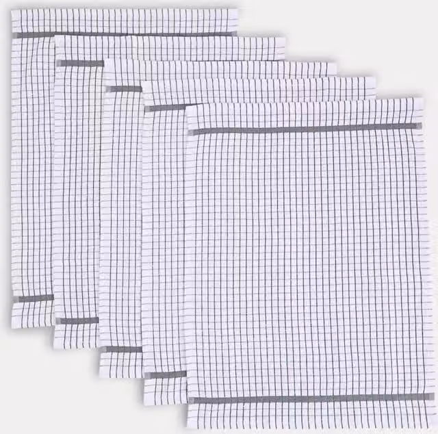 M&S Set of 5 Highly Absorbent Checked Terry Tea Towels in Grey with Hanging Loops
