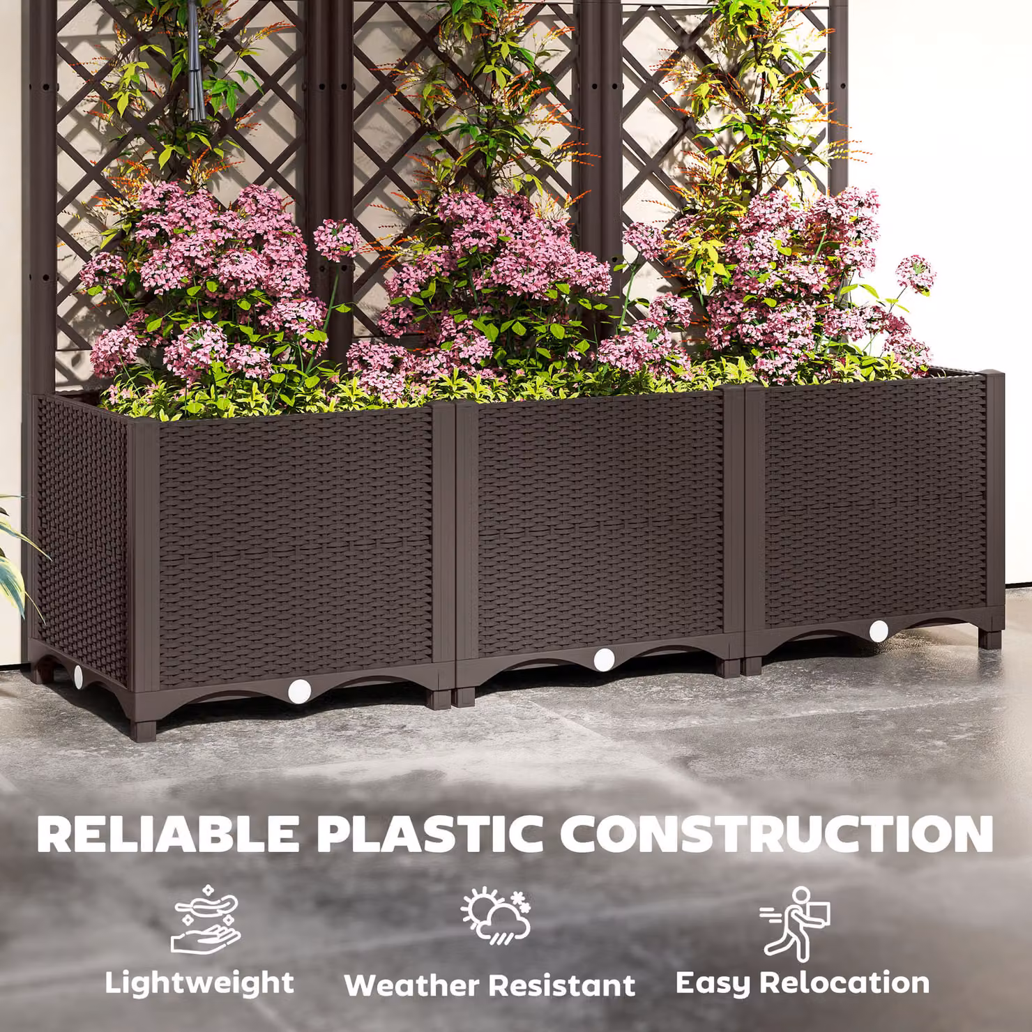 Outsunny Brown Plastic Raised Garden Bed with Trellis and Drainage Holes for Climbing Plants, Vegetables and Flowers, W: 140 cm, D: 120 cm, H: 40 cm – 3