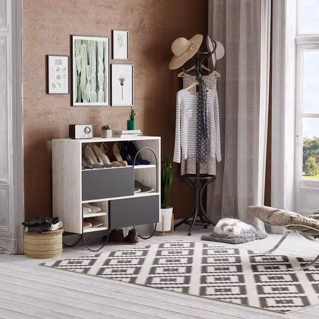 FWStyle 2 Door Shoe Storage Cabinet Sideboard in White Oak and Anthracite