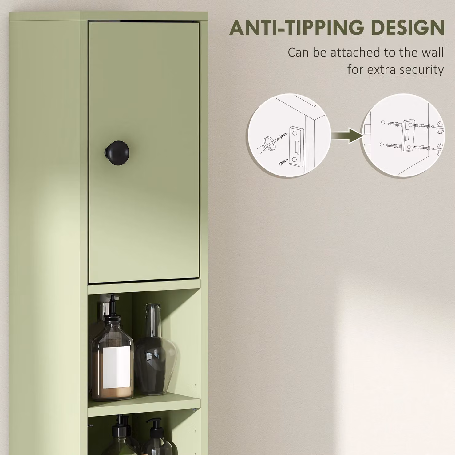 Kleankin Slim Green Bathroom Cabinet with Open Shelves and Internal Storage – 3