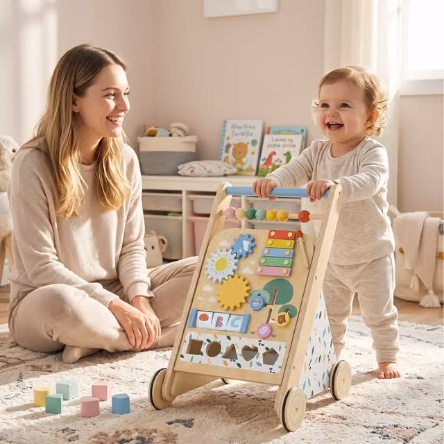 AIYAPLAY Wooden Baby Push Along Walker with Speed Control and Multicolour Activity Centre in Natural Brown Wood Finish