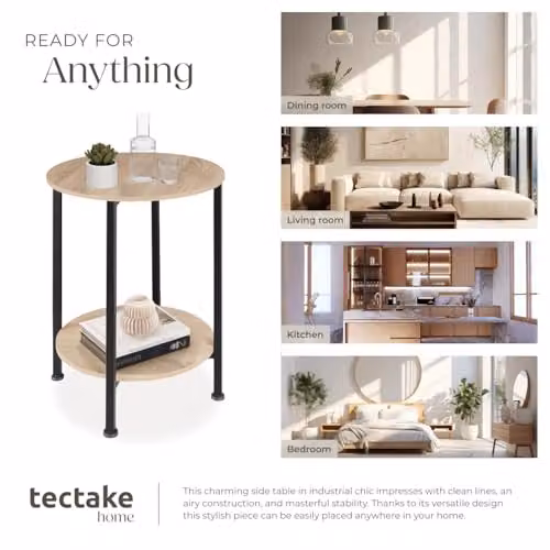 tectake Ballina Bedside Table in Light Oak with Black Metal Frame, Diameter: 45 cm, Height: 64 cm – 4