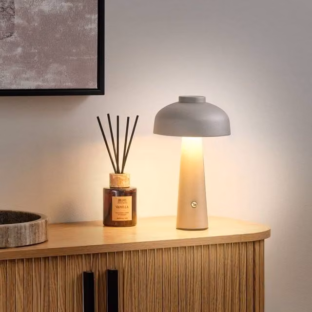 Wyld and Coco LED Wireless Dimmable Table Lamp in Grey Metal Mushroom Design – 1